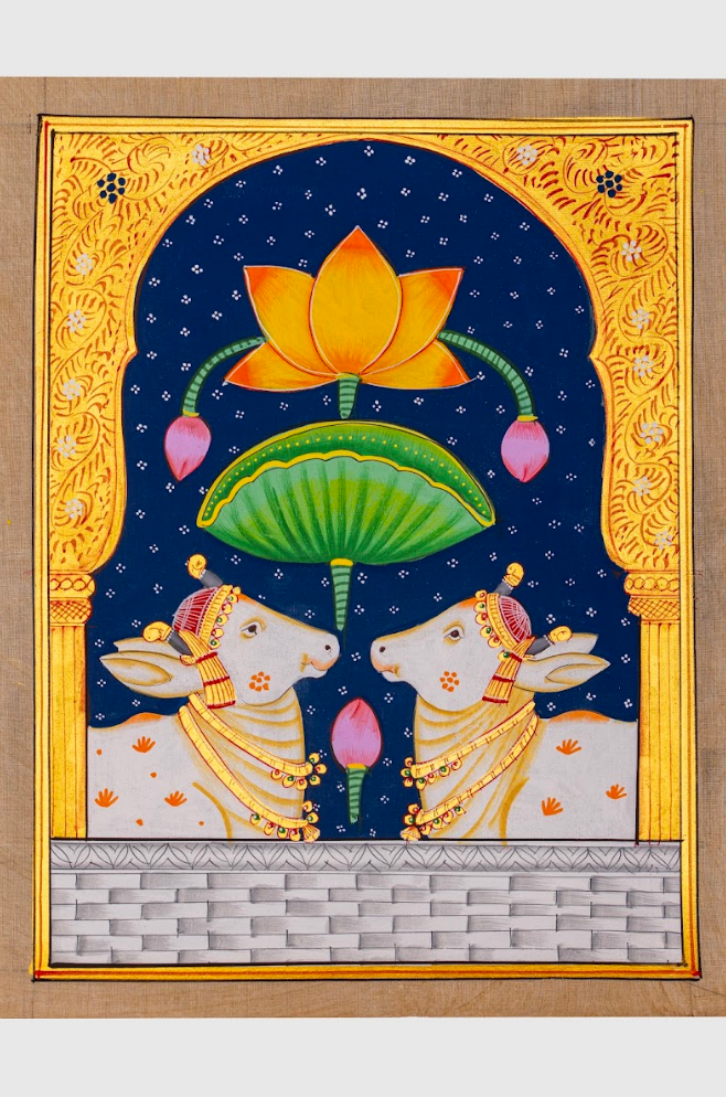Celestial Lotus & Sacred Pair - Indigo Pichwai Painting