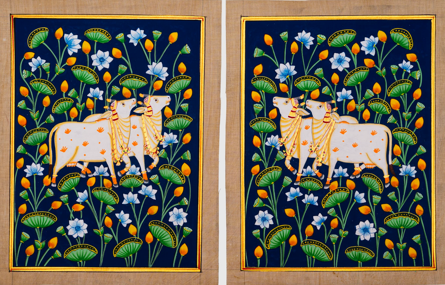 Sacred Pair in the Lotus Garden – Indigo Pichwai Painting (Set of 2)