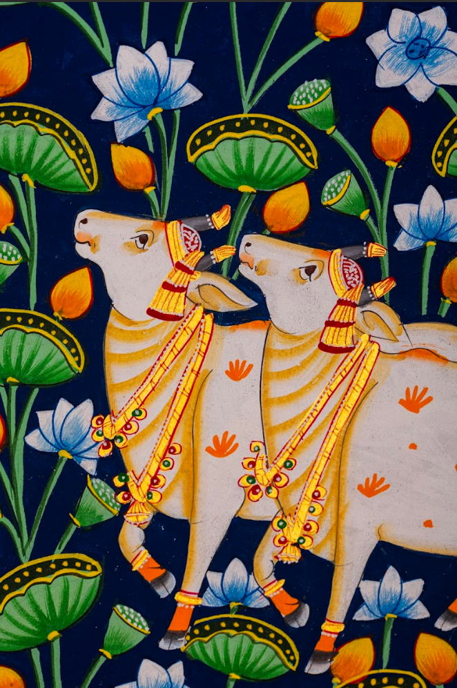 Sacred Pair in the Lotus Garden – Indigo Pichwai Painting (Set of 2)