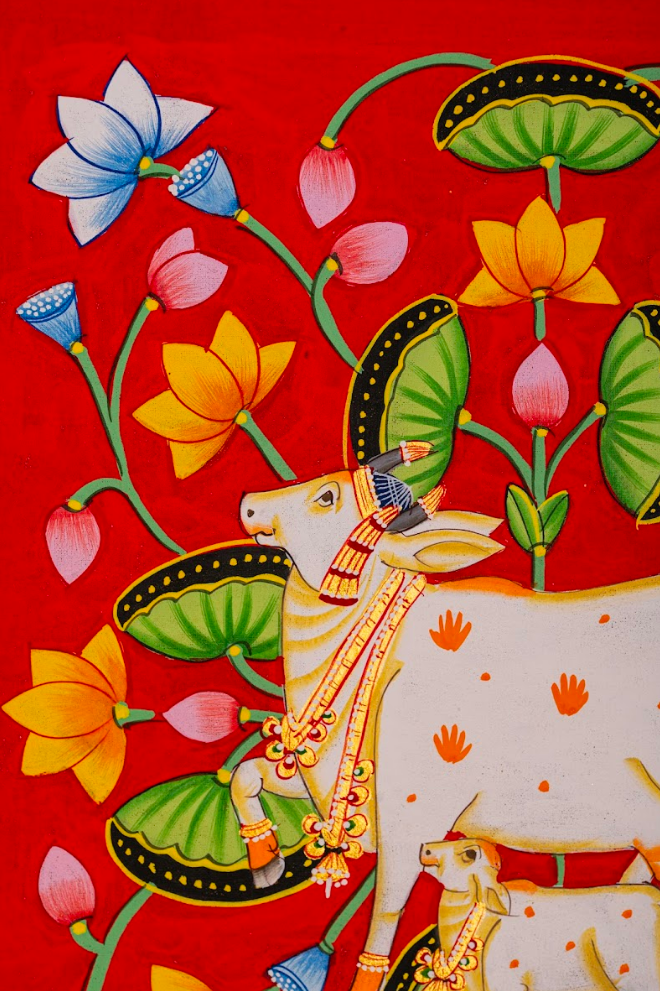 Vermilion Garden – Sacred Cow & Calf Pichwai Painting (Set of 2)