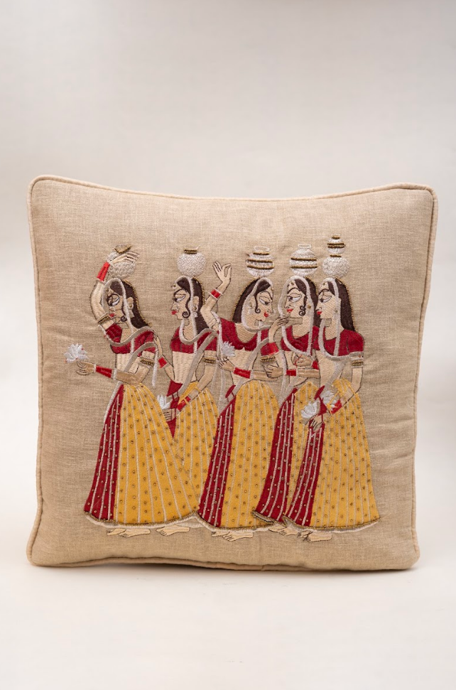 Courtesan Procession Embroidered Cushion Covers - Set of Four