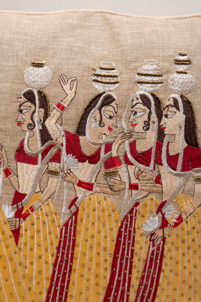 Courtesan Procession Embroidered Cushion Covers - Set of Four