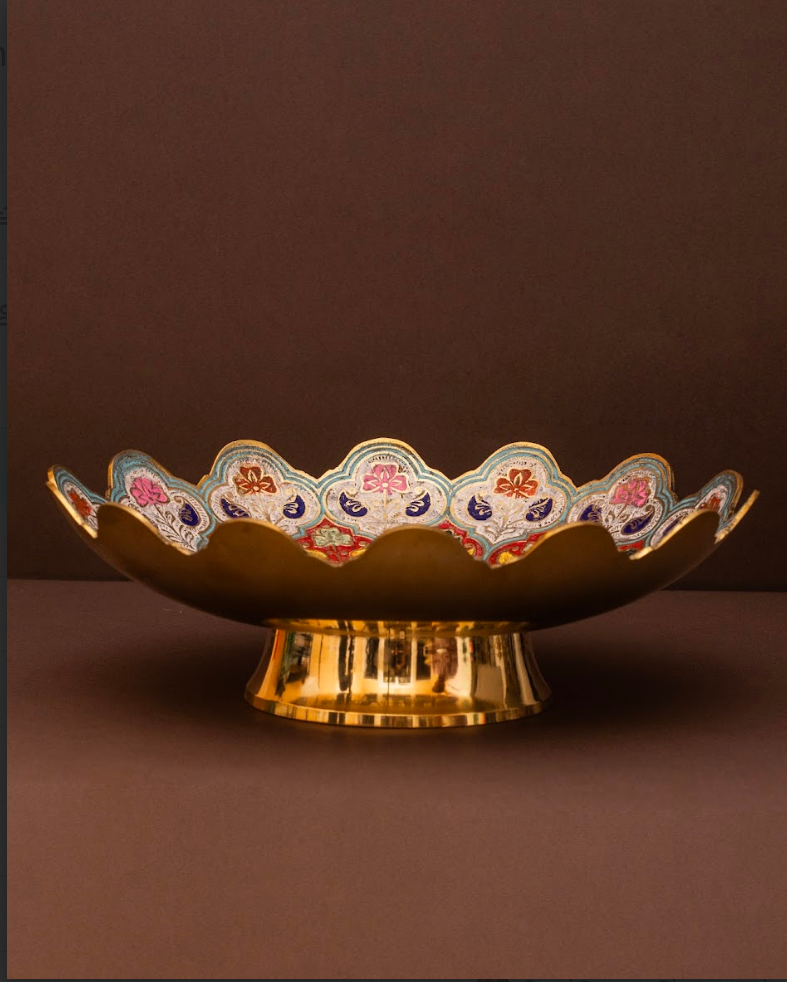 White Brass Fruit Bowl with Red Motif