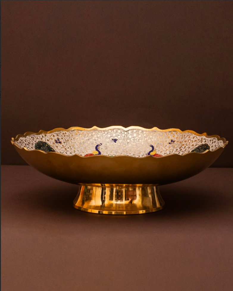White Ornate Fruit Bowl in Brass