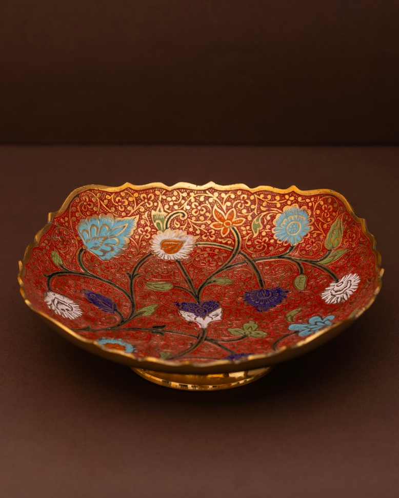 Red Ornate Fruit Bowl in Brass