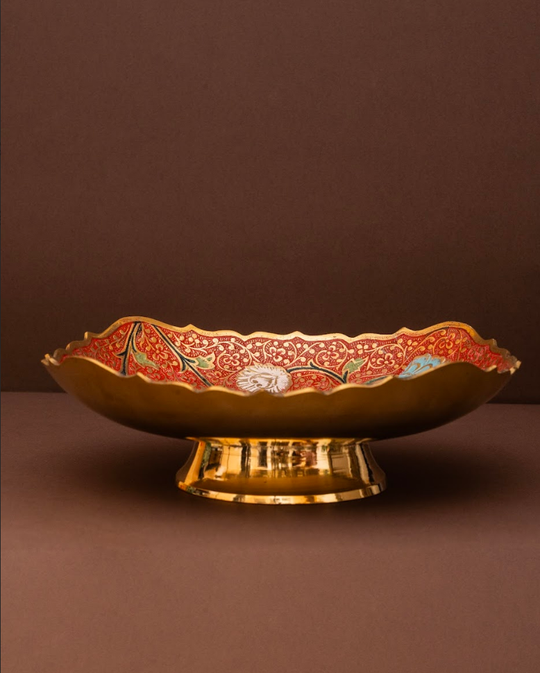 Red Ornate Fruit Bowl in Brass