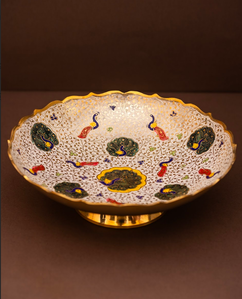 White Ornate Fruit Bowl in Brass