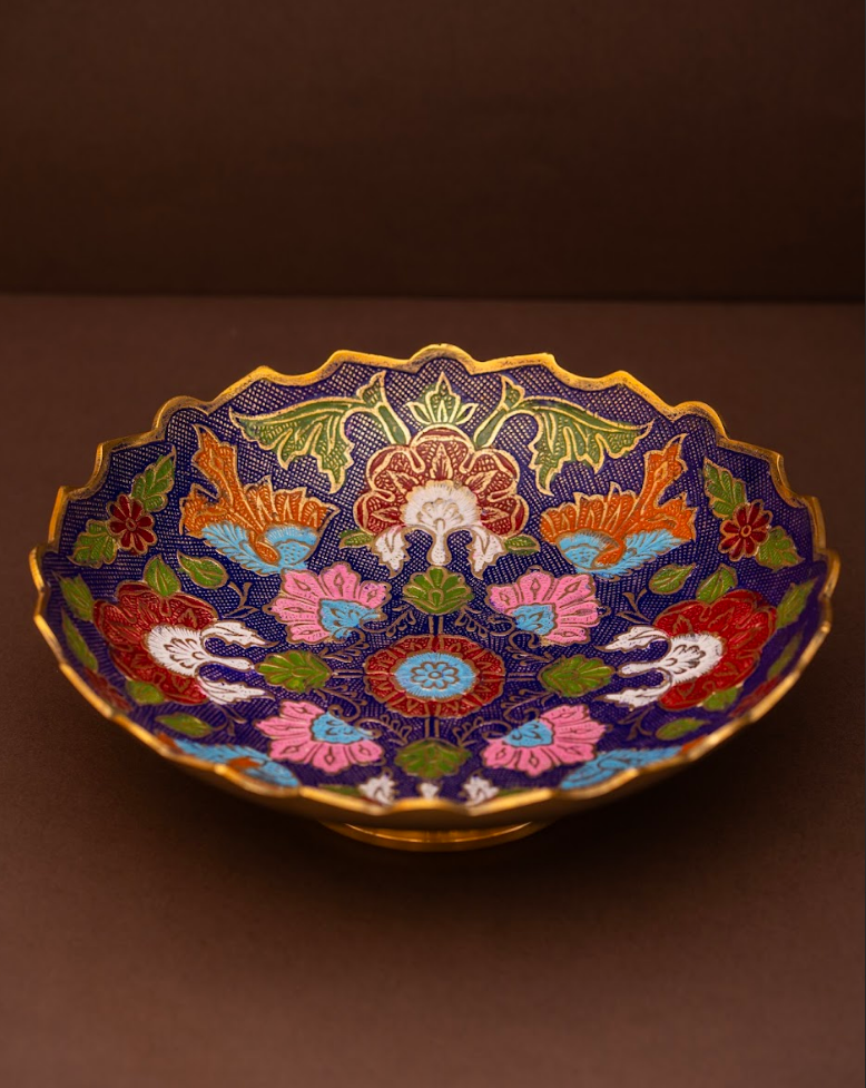 Blue and Pink Brass Fruit Bowl with a Diamond Design