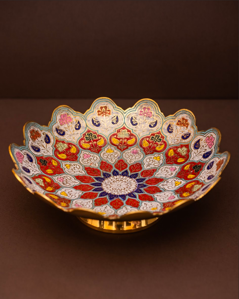 White Brass Fruit Bowl with Red Motif