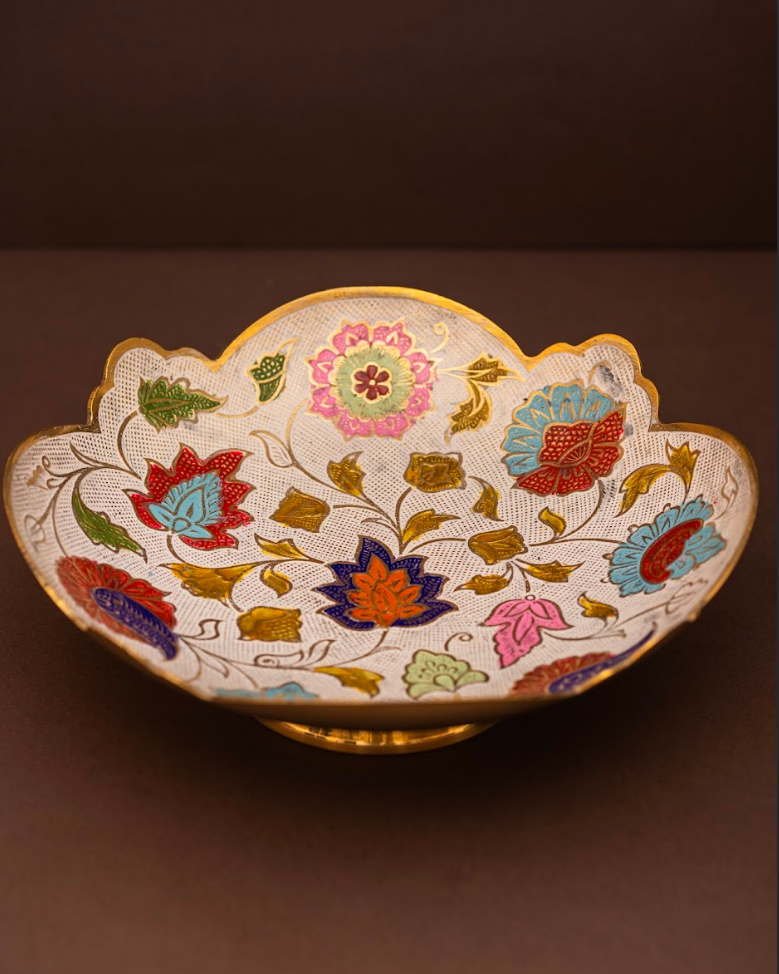 White Brass Fruit Bowl with a Floral Design