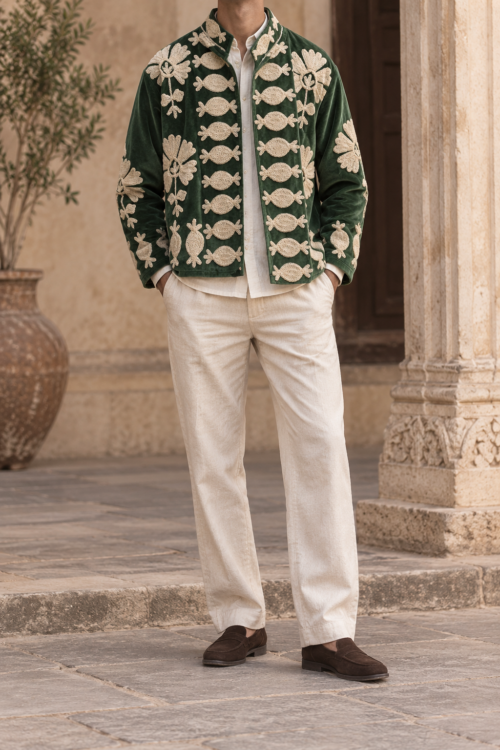 Shirin Jacket (Unisex) – Forest Green Ivory Embroidered Jacket