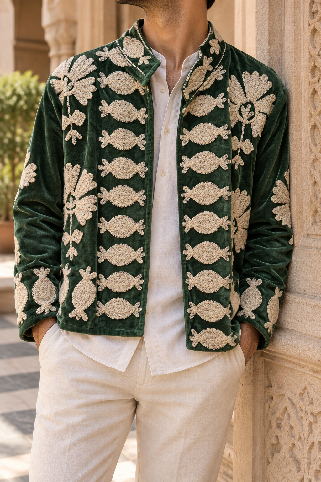 Shirin Jacket (Unisex) – Forest Green Ivory Embroidered Jacket