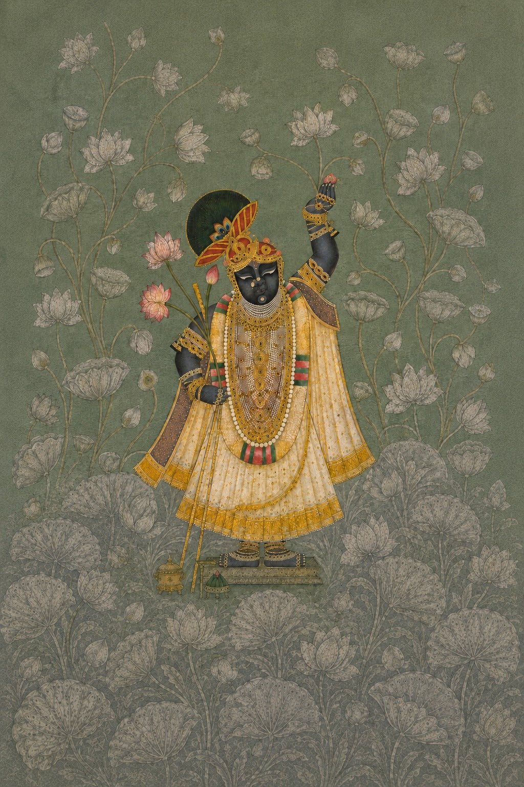 Pichwai – “Shrinathji in Sage Lotus Garden”: Gold Embellished Painting