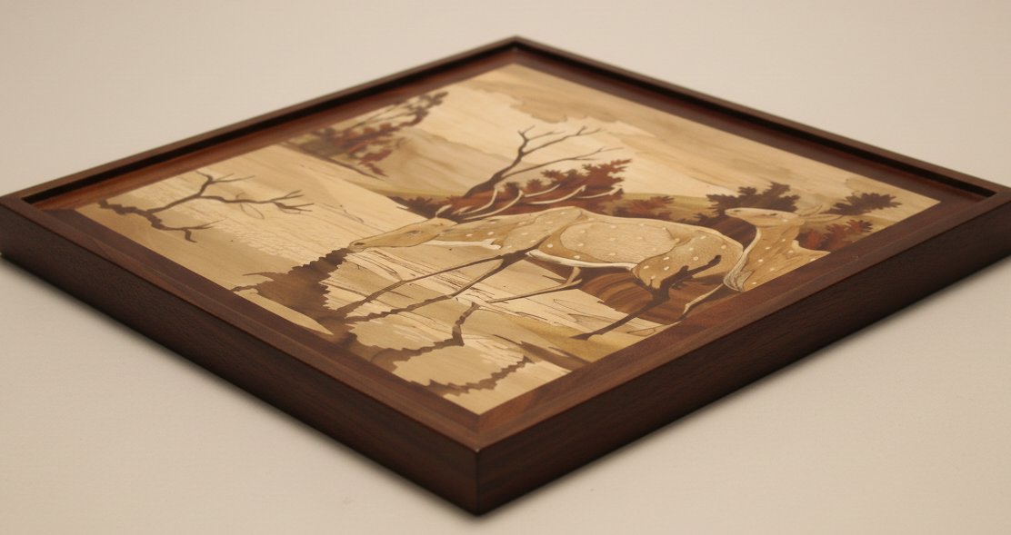 Side angle view of a framed Mysore rosewood inlay panel showing the depth of the solid rosewood base, frame thickness, and handcrafted inlay construction.