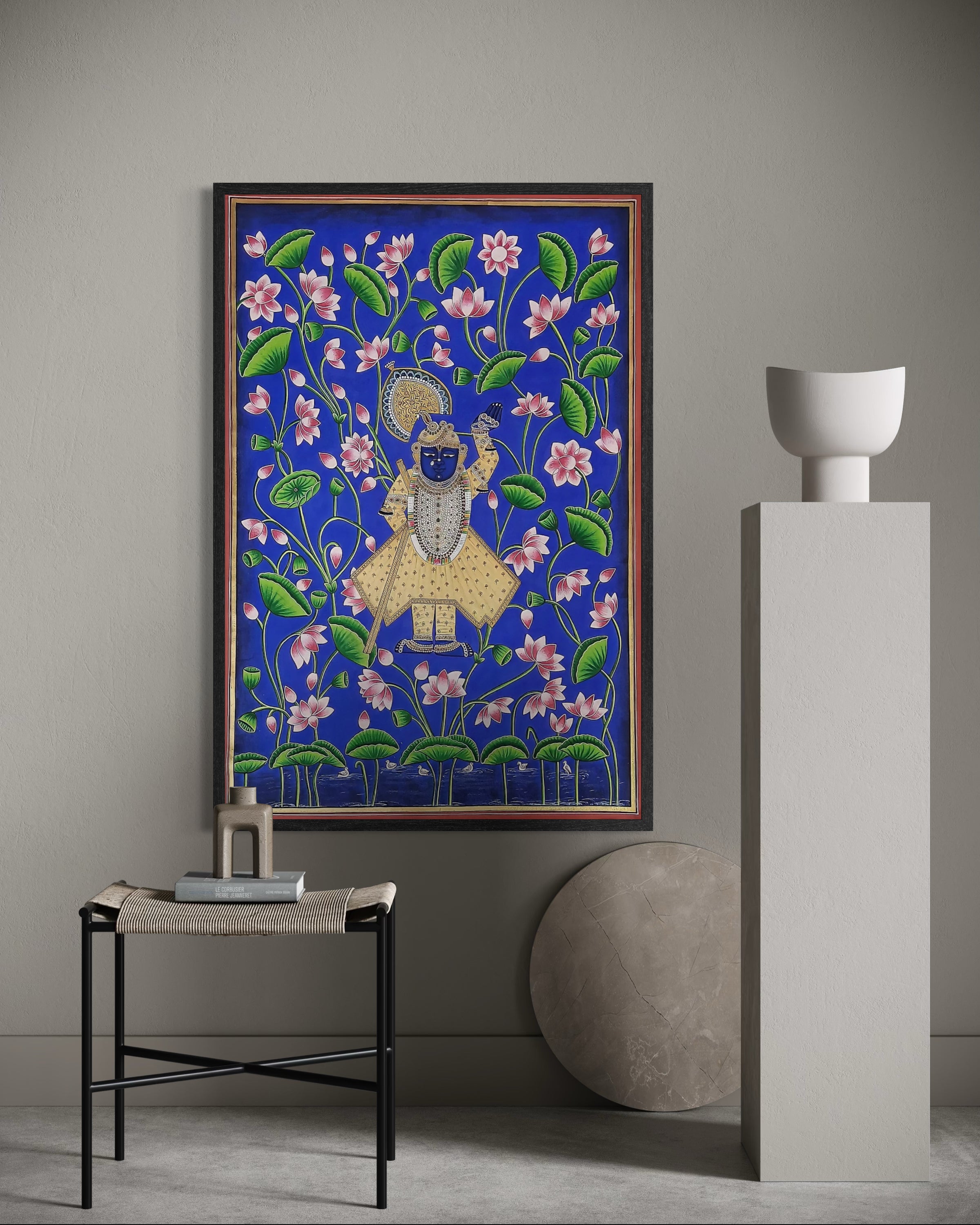 Pichwai- Lord Shrinathji in Blue- In 24k Gold