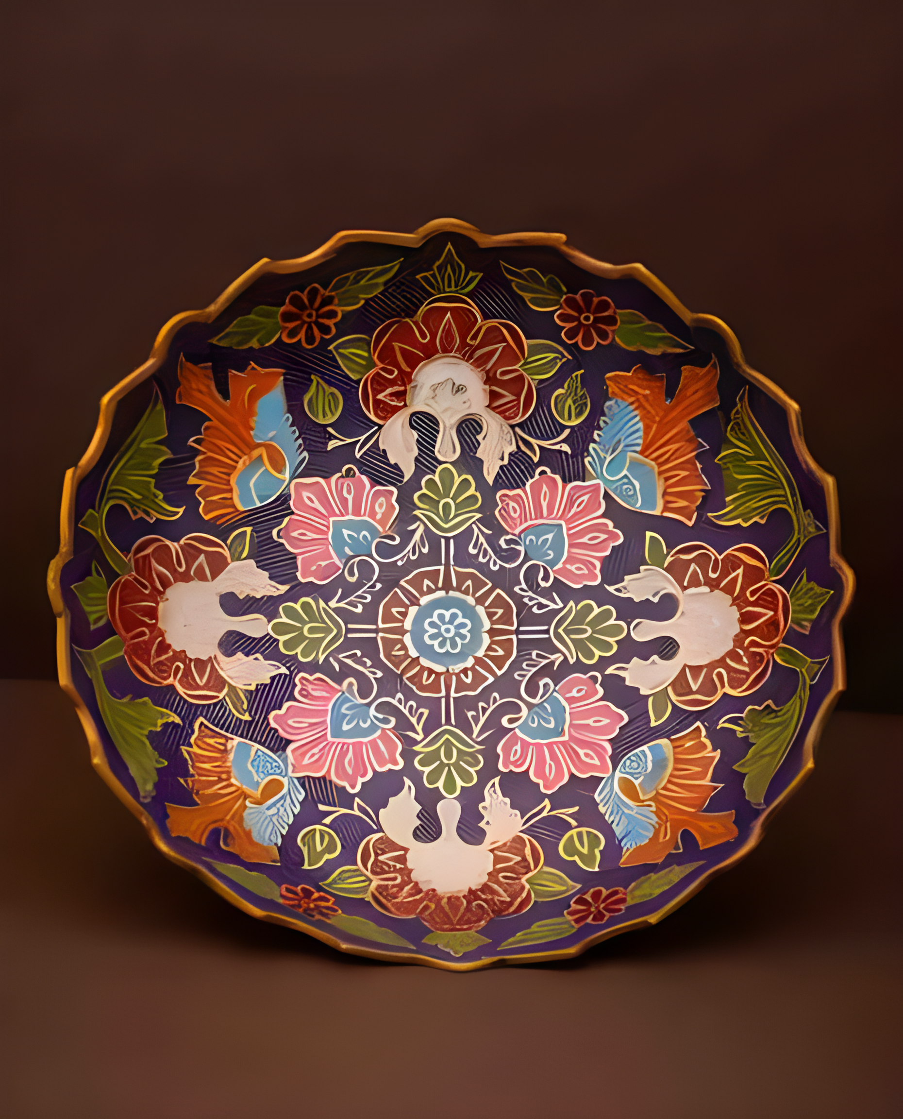 Blue and Pink Brass Fruit Bowl with a Diamond Design