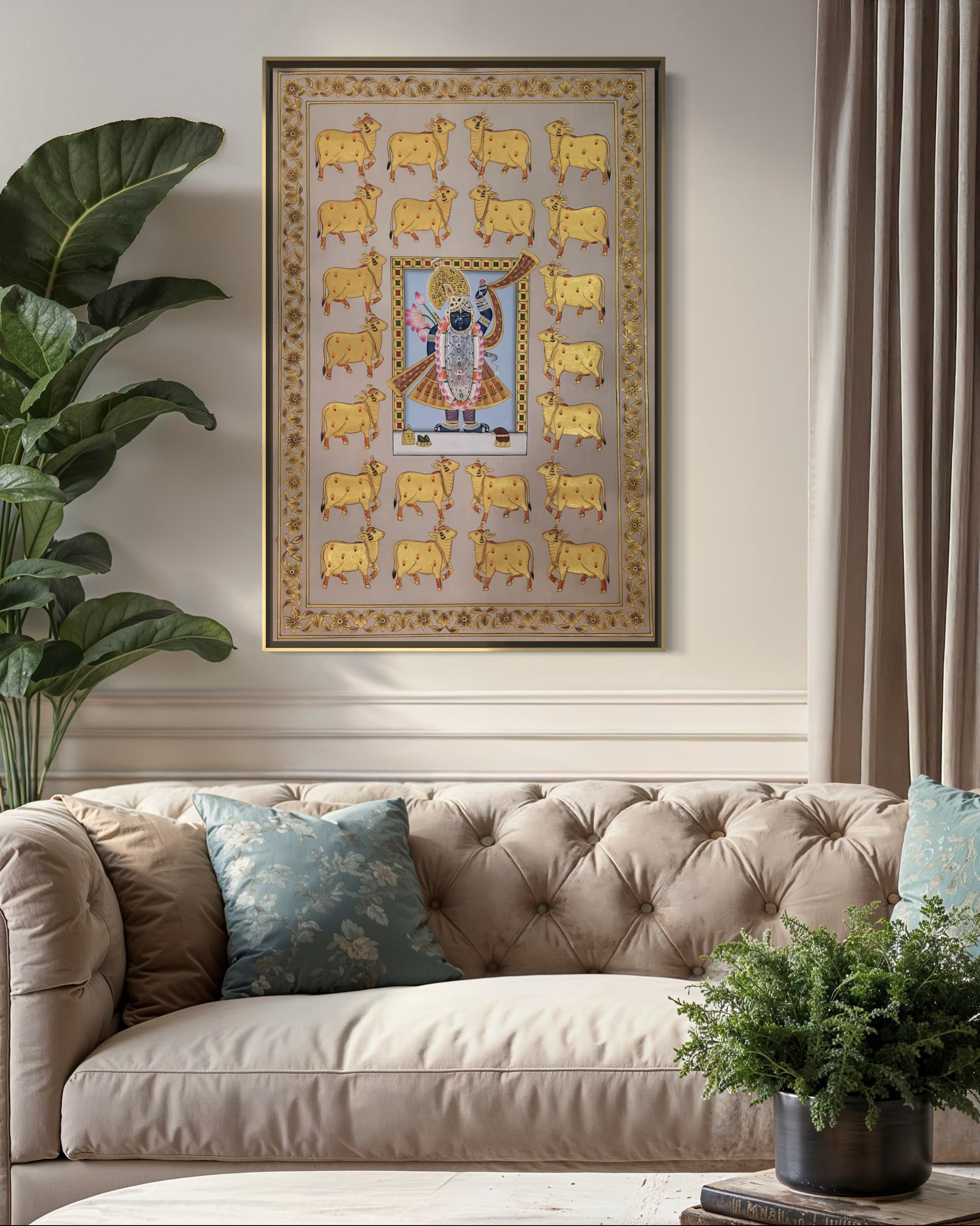 Pichwai Painting- Lord Shrinathji with Golden Cows in 24k Gold