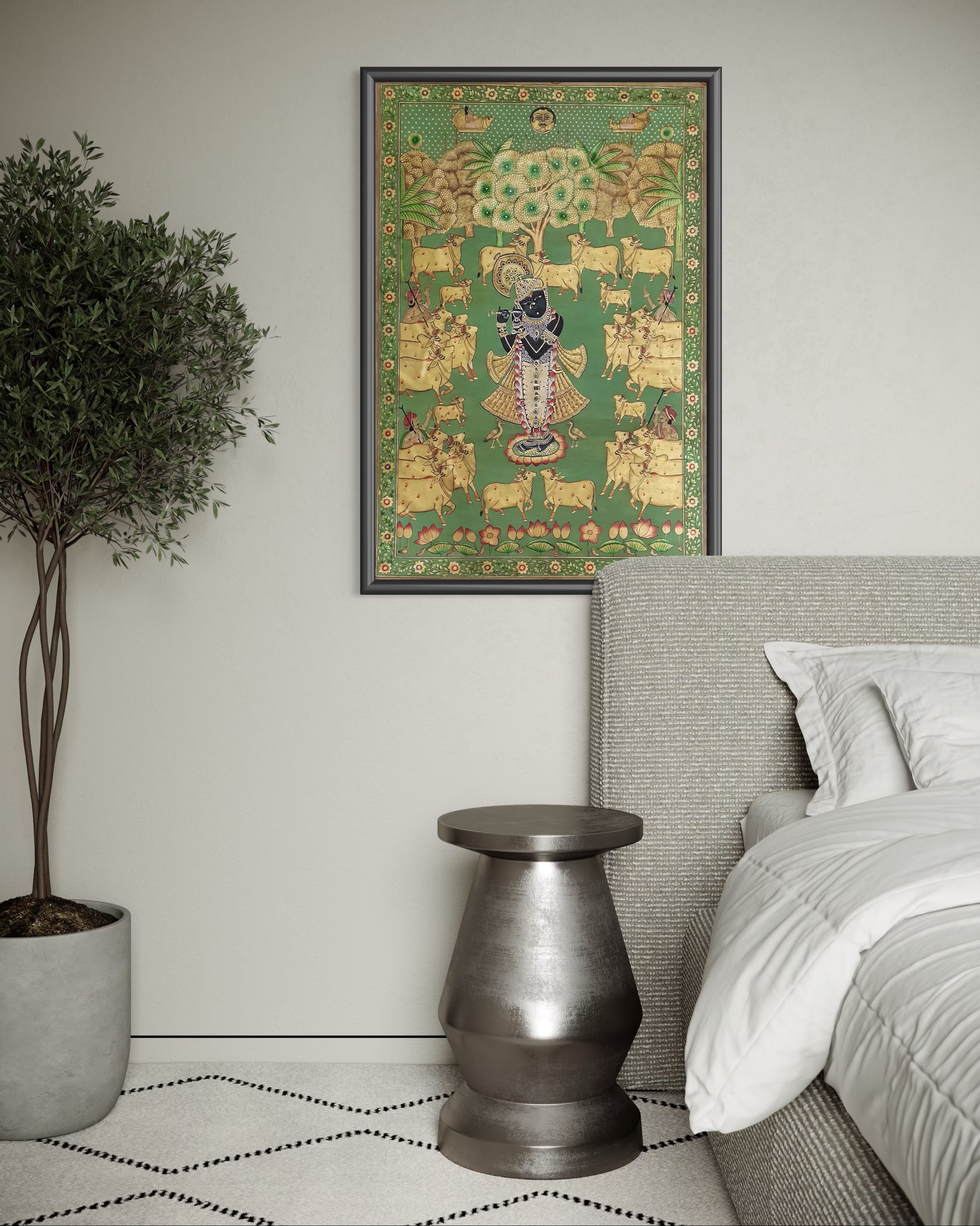 Pichwai Painting- Lord Shrinathji with Golden Cows- In 24k Gold