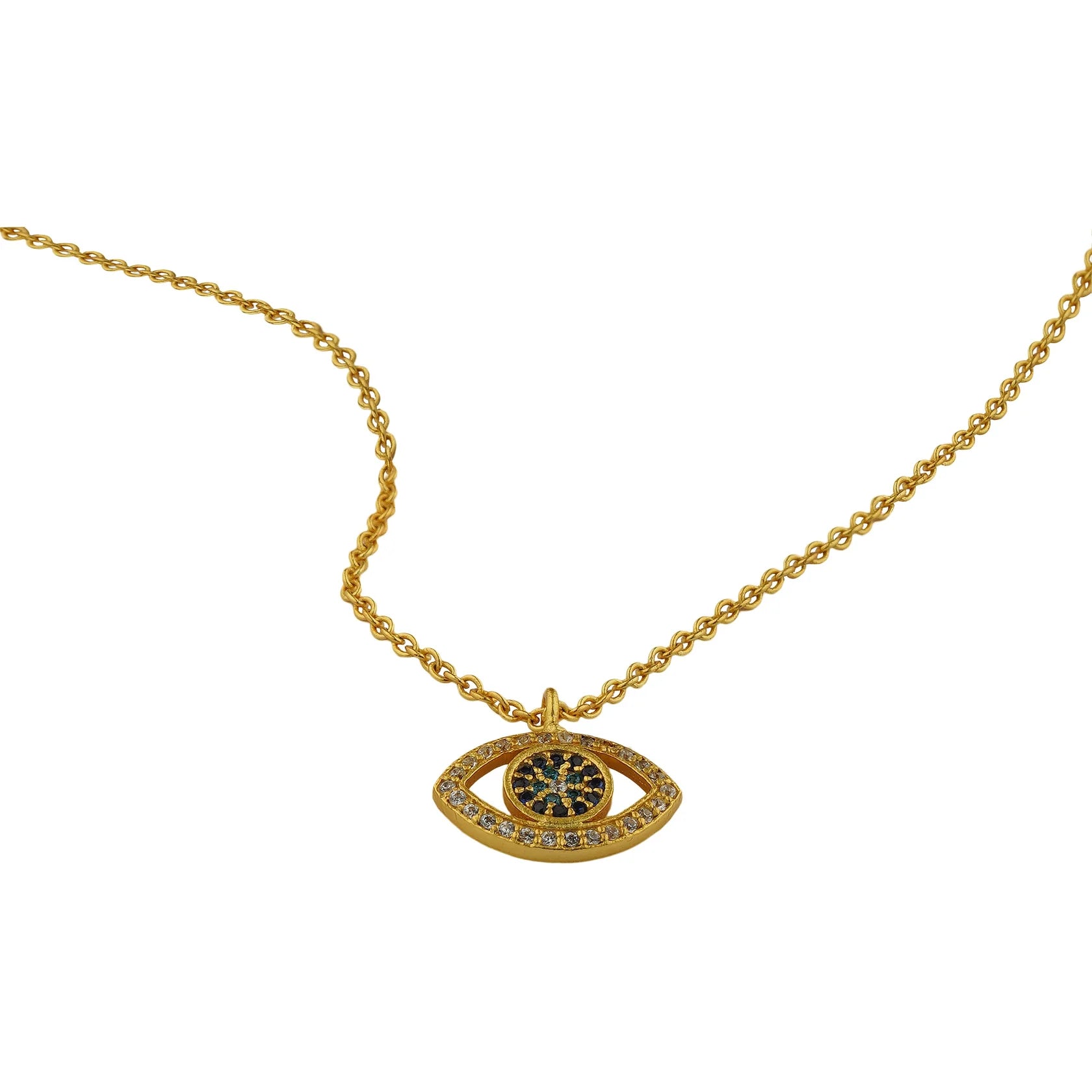 gold-plated sparkling evil eye pendant hanging on chain, protective spiritual necklace for women