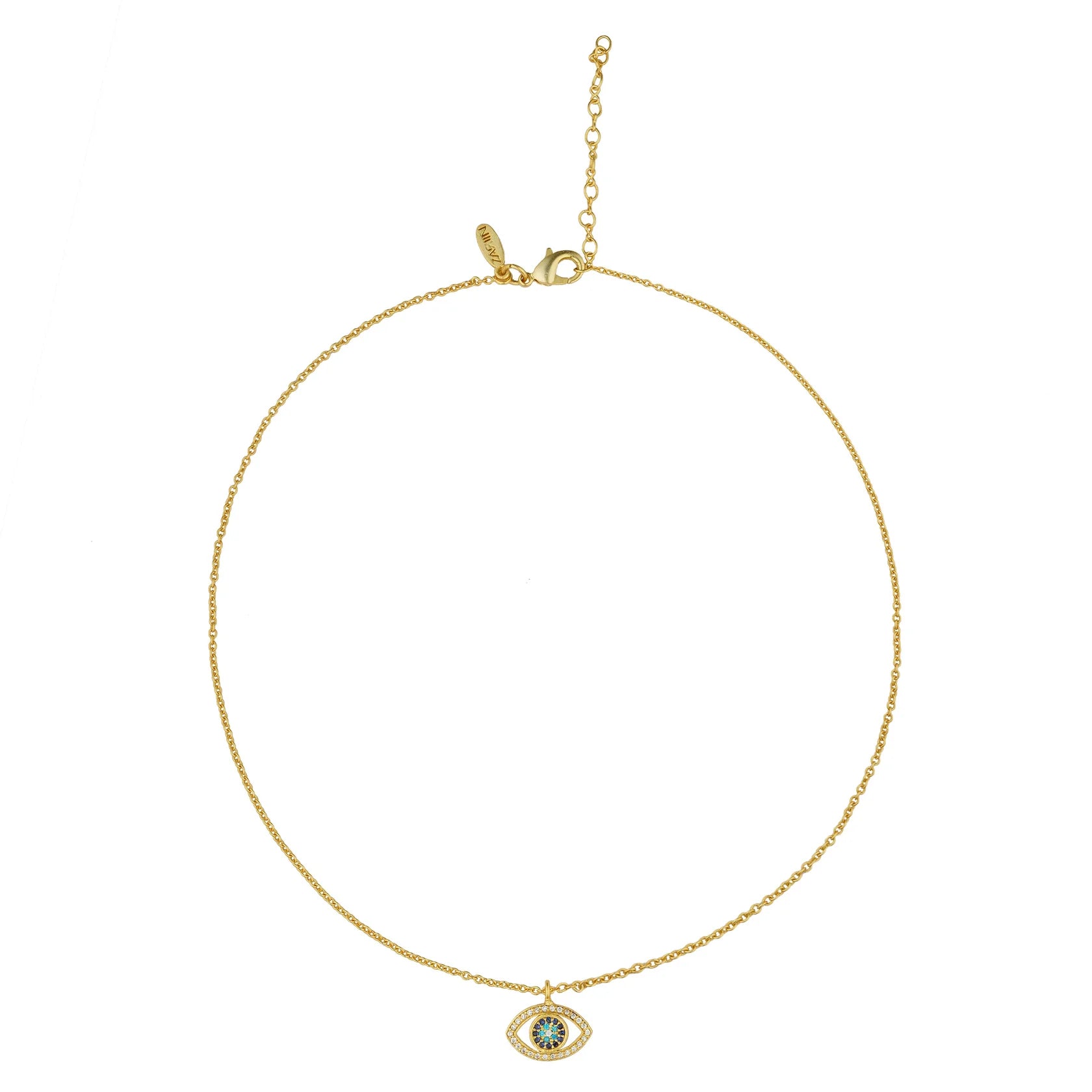 Gold necklace with a green gemstone pendant on a white background