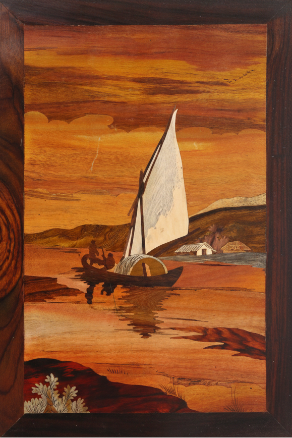 Handcrafted Mysore rosewood inlay boat wall panel, traditional Indian wood inlay art décor