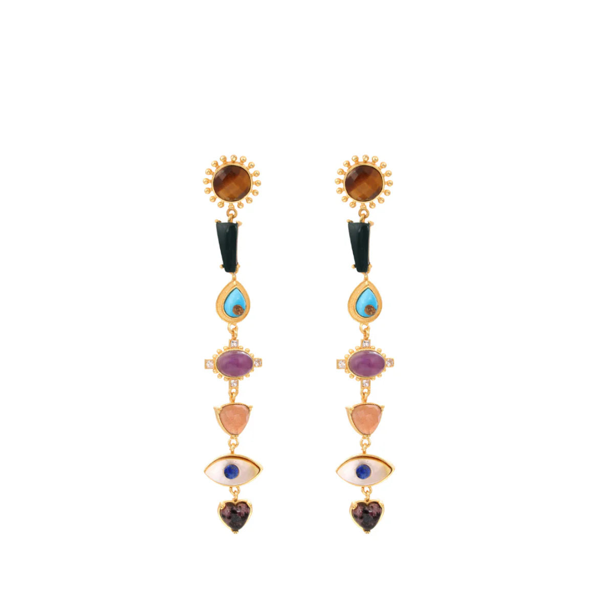 gold-plated polished chakra-inspired multistone drop statement earrings for women, spiritual boho jewelry for occasion wear