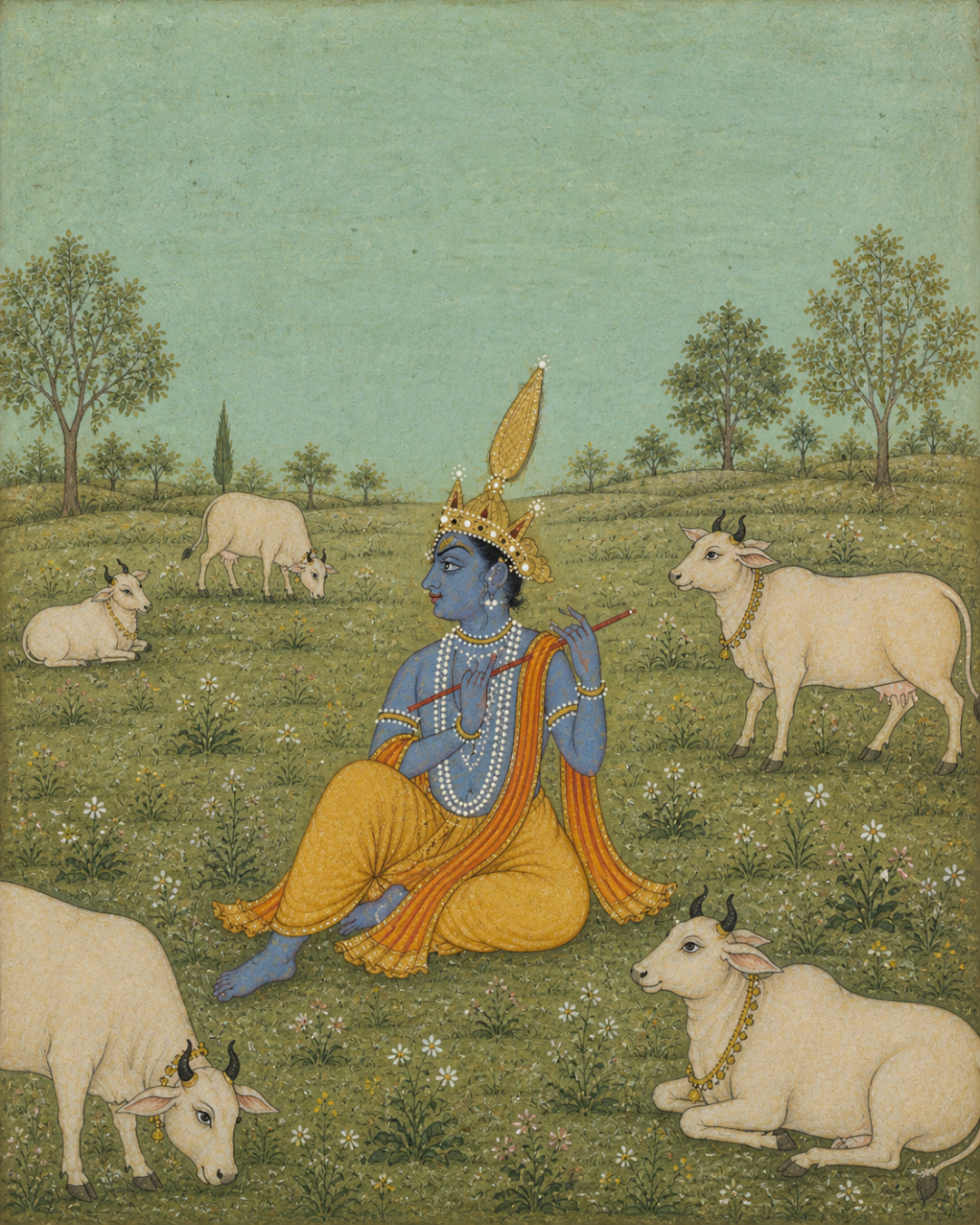 Handpainted – “Gopal in the Meadows of Braj”: Pastoral Krishna Painting