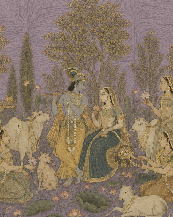Handpainted – “Nikunj Leela in Lavender Hues”: Contemporary Heritage Painting