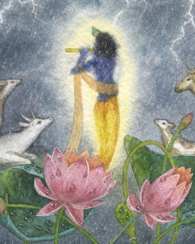 Handpainted – “Krishna in Varsha Leela”: Monsoon Heritage Painting