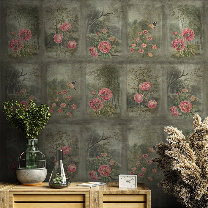 Decorative wall with floral patterns, wooden cabinet with plants and clock, and peacock feather decoration.