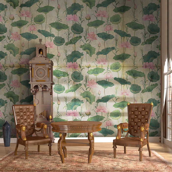 Vintage-style room with floral wallpaper, wooden furniture, and decorative items.