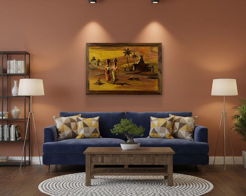 Mysore rosewood inlay artwork depicting a traditional water-carrying scene displayed on a living room wall with warm ambient lighting.