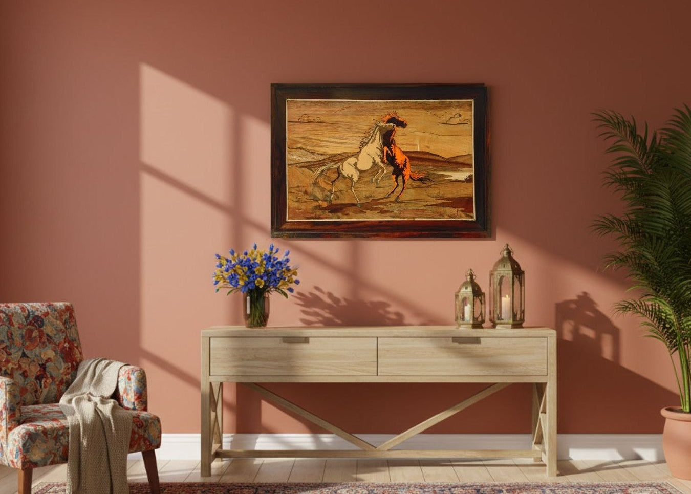 Mysore rosewood inlay artwork featuring horses in playful motion displayed on a living room wall with wooden furniture and warm ambient lighting.