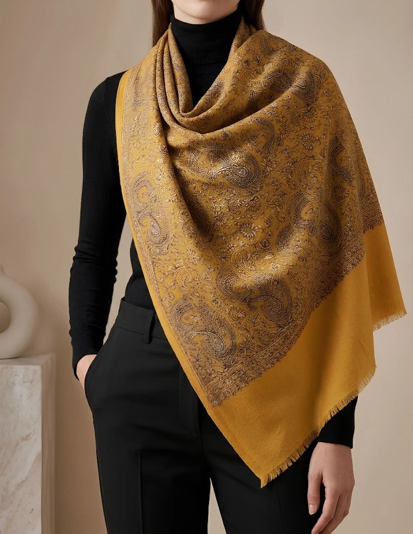 Zaafaraan Kalamkari Stole (Unisex) – Mustard Paisley Wool Silk