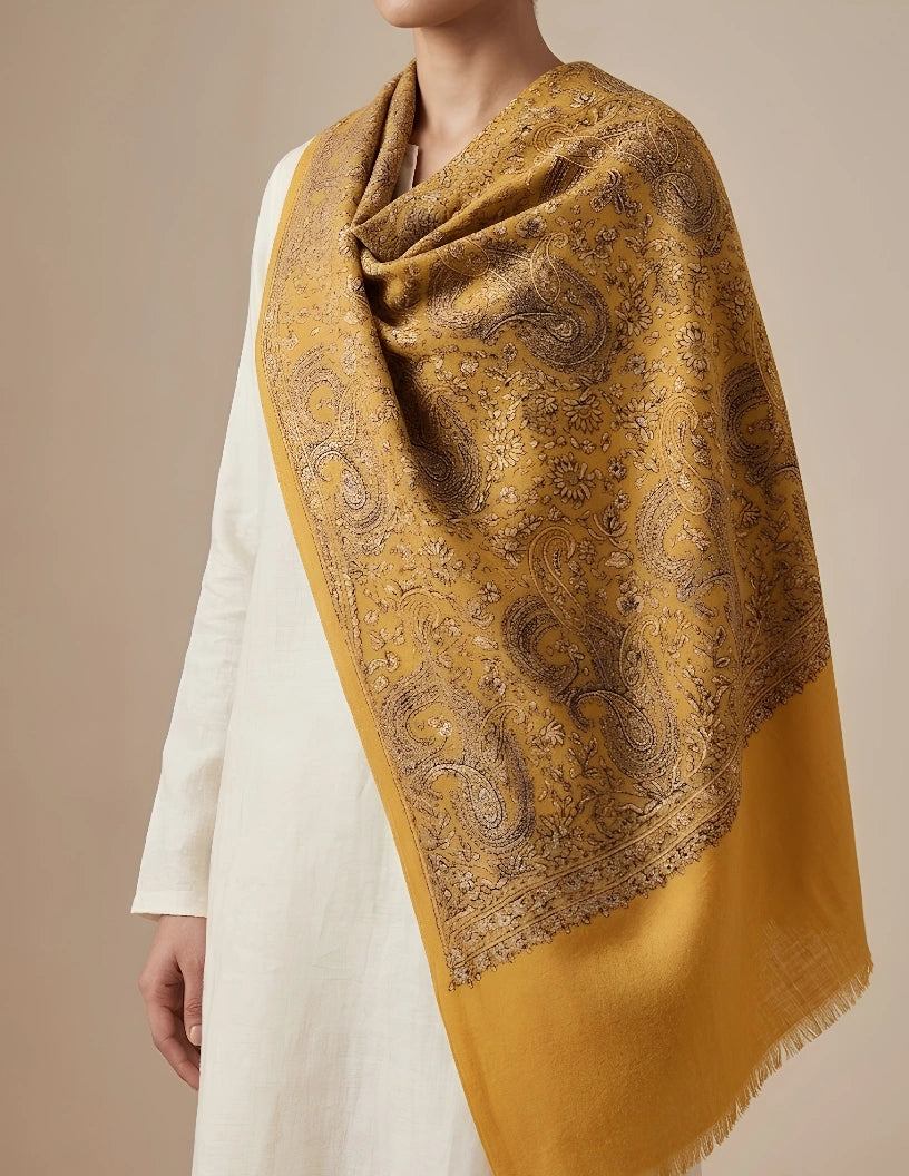 Zaafaraan Kalamkari Stole (Unisex) – Mustard Paisley Wool Silk