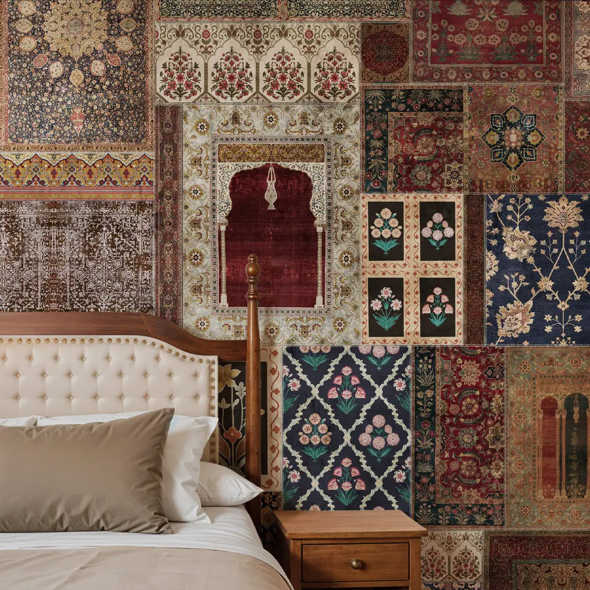 Vintage carpet-style wallpaper with rich Indian and Persian motifs, creating a warm and regal bedroom wall covering inspired by royal interiors.
