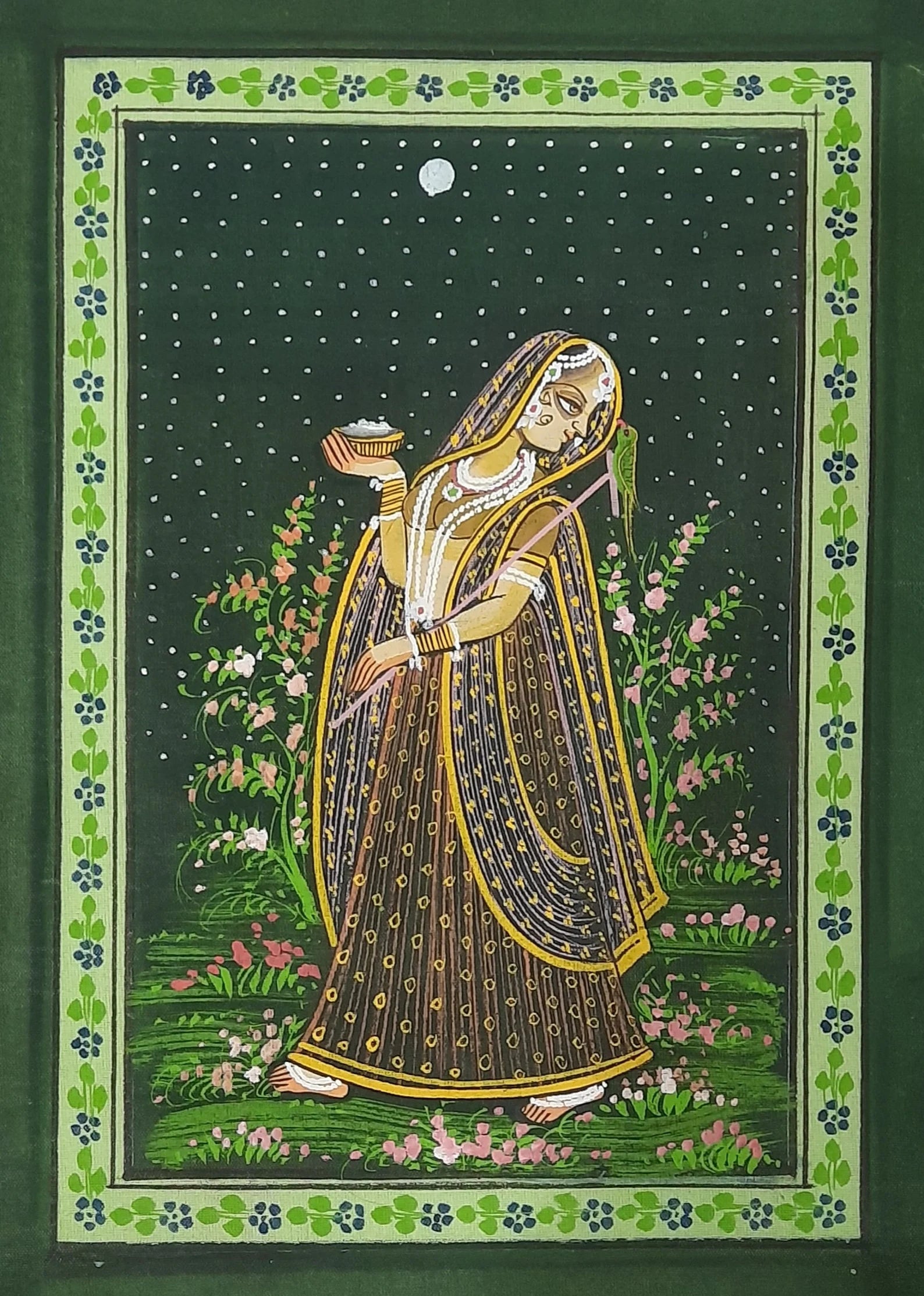 Traditional Ragamala miniature painting of a woman waiting at dusk symbolising longing