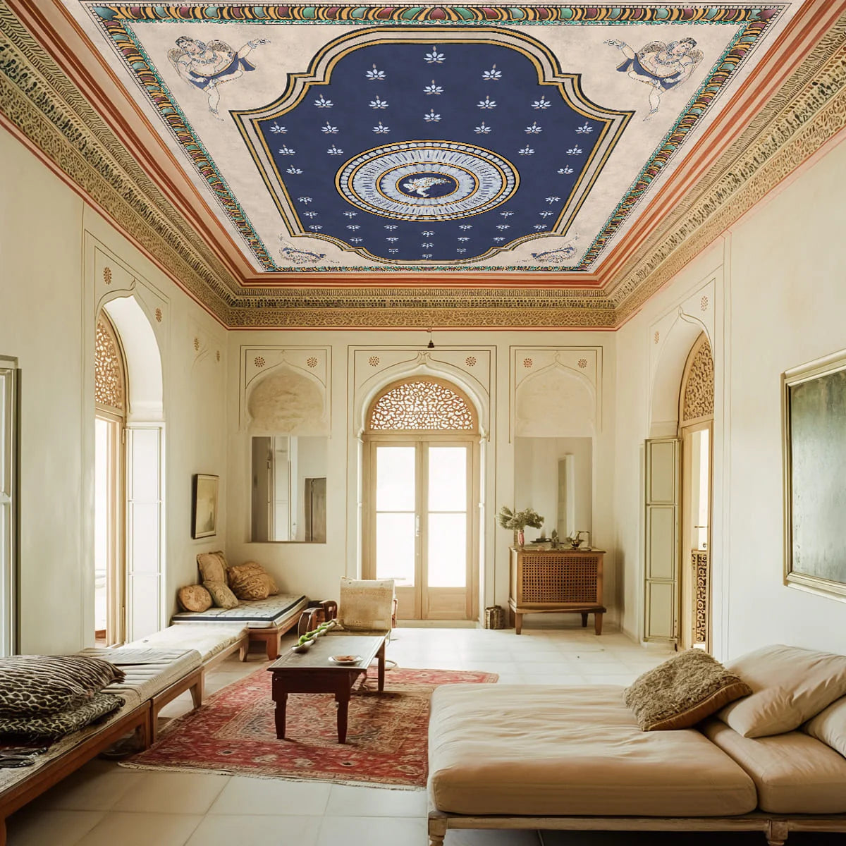 Abstract Bal Gopal wallpaper used on a ceiling featuring circular devotional motifs