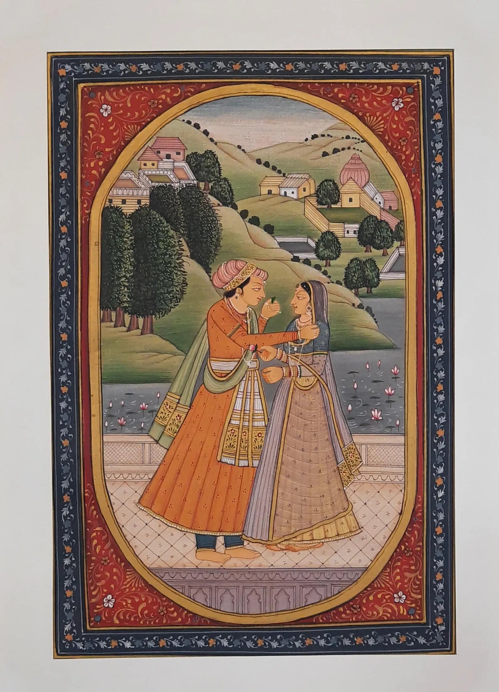 Barahmasa miniature painting on paper portraying a poetic monthly scene from Indian tradition