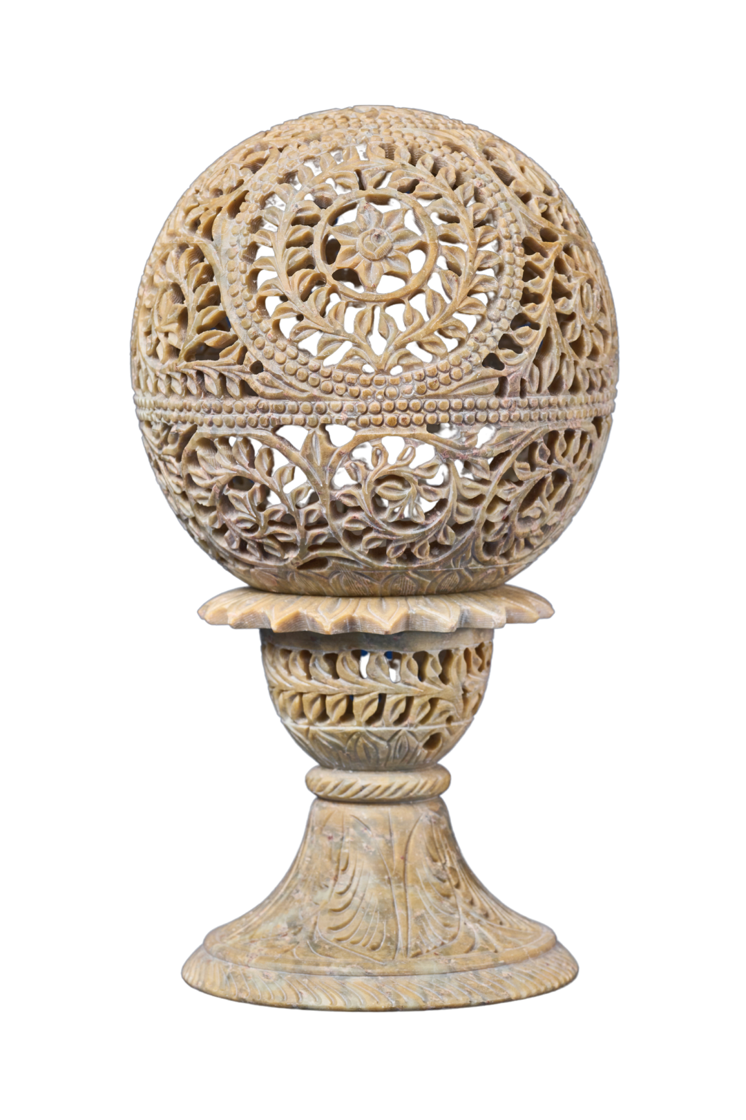 Carved beige stone lampshade décor accent featuring fine detailing for refined and calming interior lighting