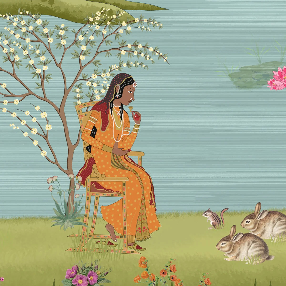 Rural countryside wall mural inspired by Bharat, showcasing traditional village life and expansive natural landscapes