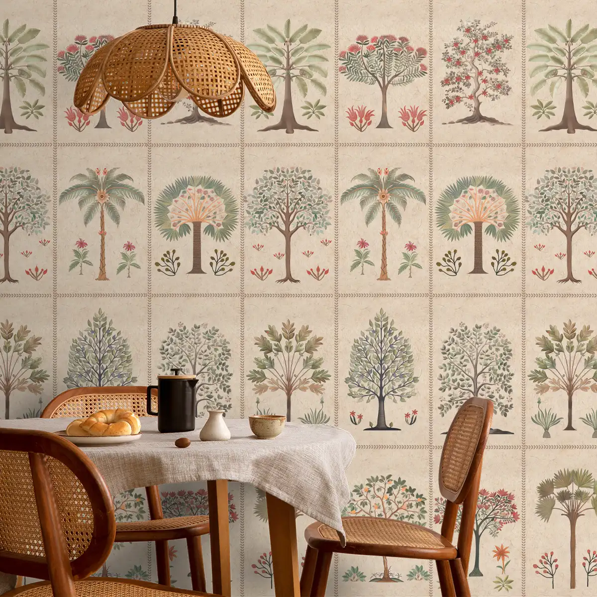 Botanical wallpaper with delicate Indian floral vines and trees on a soft beige backdrop, creating a calm and refined nature-inspired interior.