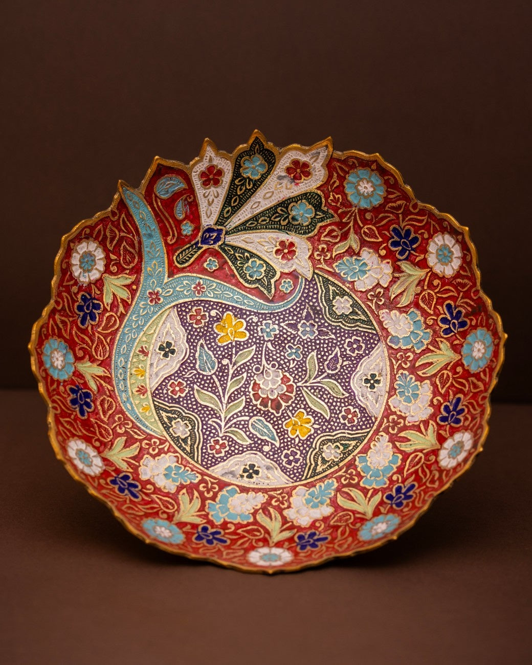 Red and purple ornate fruit bowl brass