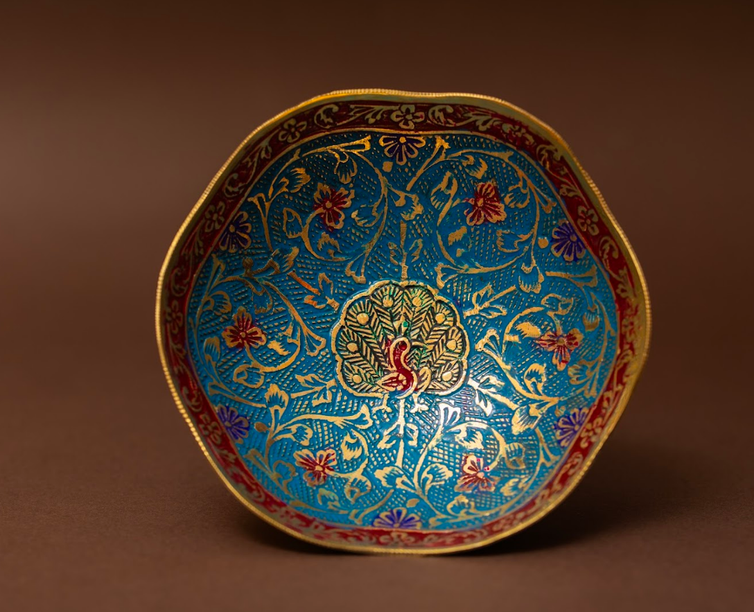 Hand-painted brass bowl with green floral motif – traditional Indian artisan decor accent
