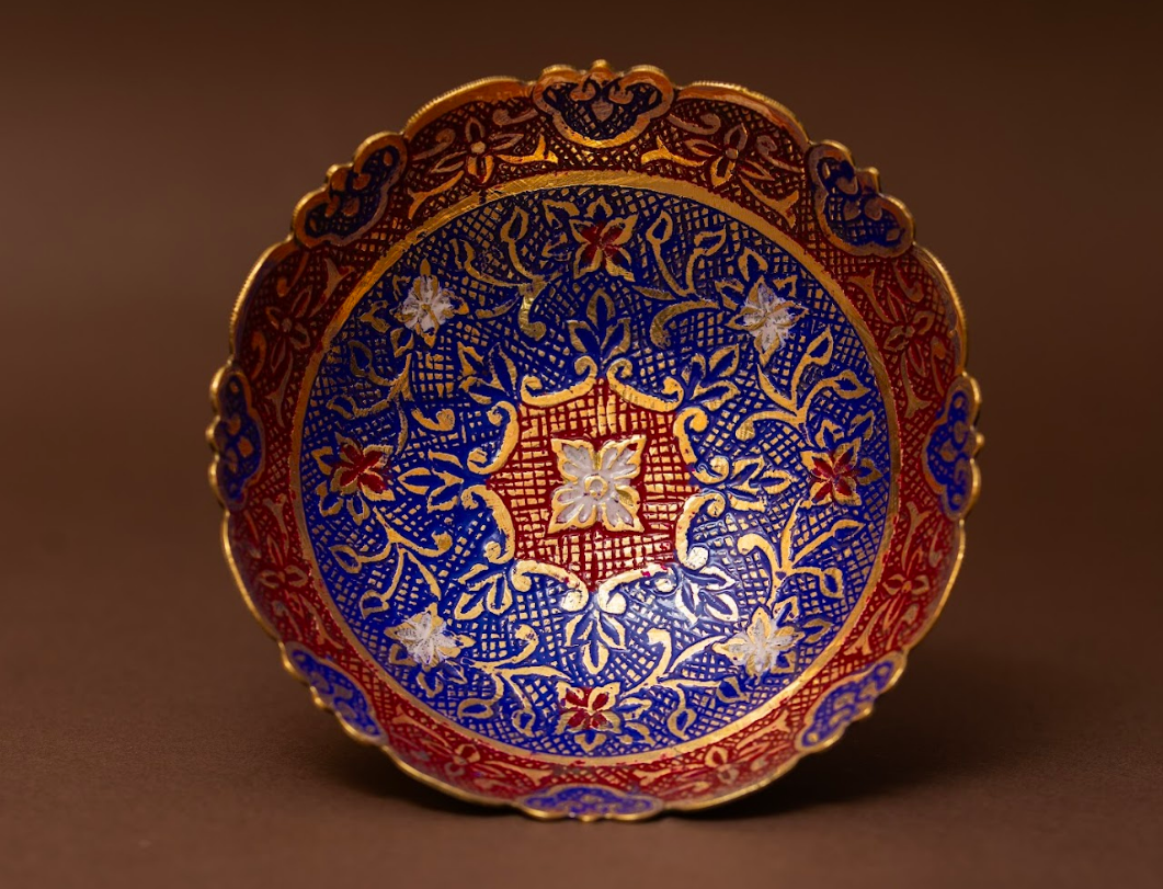 Multicolor enamel brass bowl with elaborate floral artwork – cultural Indian decorative centerpiece