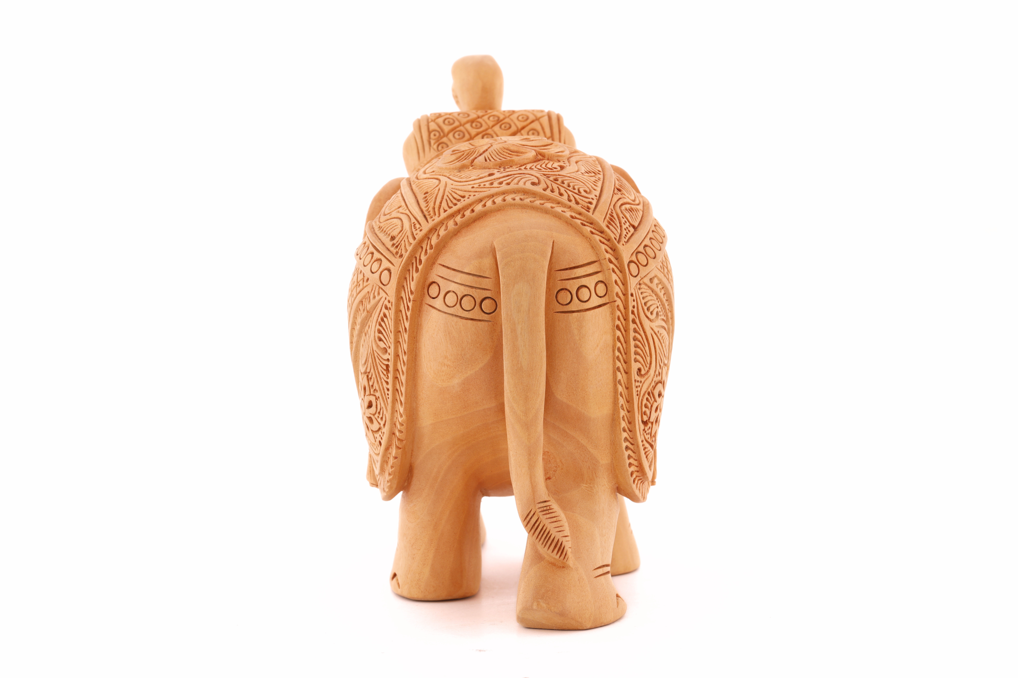 Hand carved wooden elephant sculpture crafted with intricate detailing, symbolizing wisdom, strength, and natural elegance for home décor