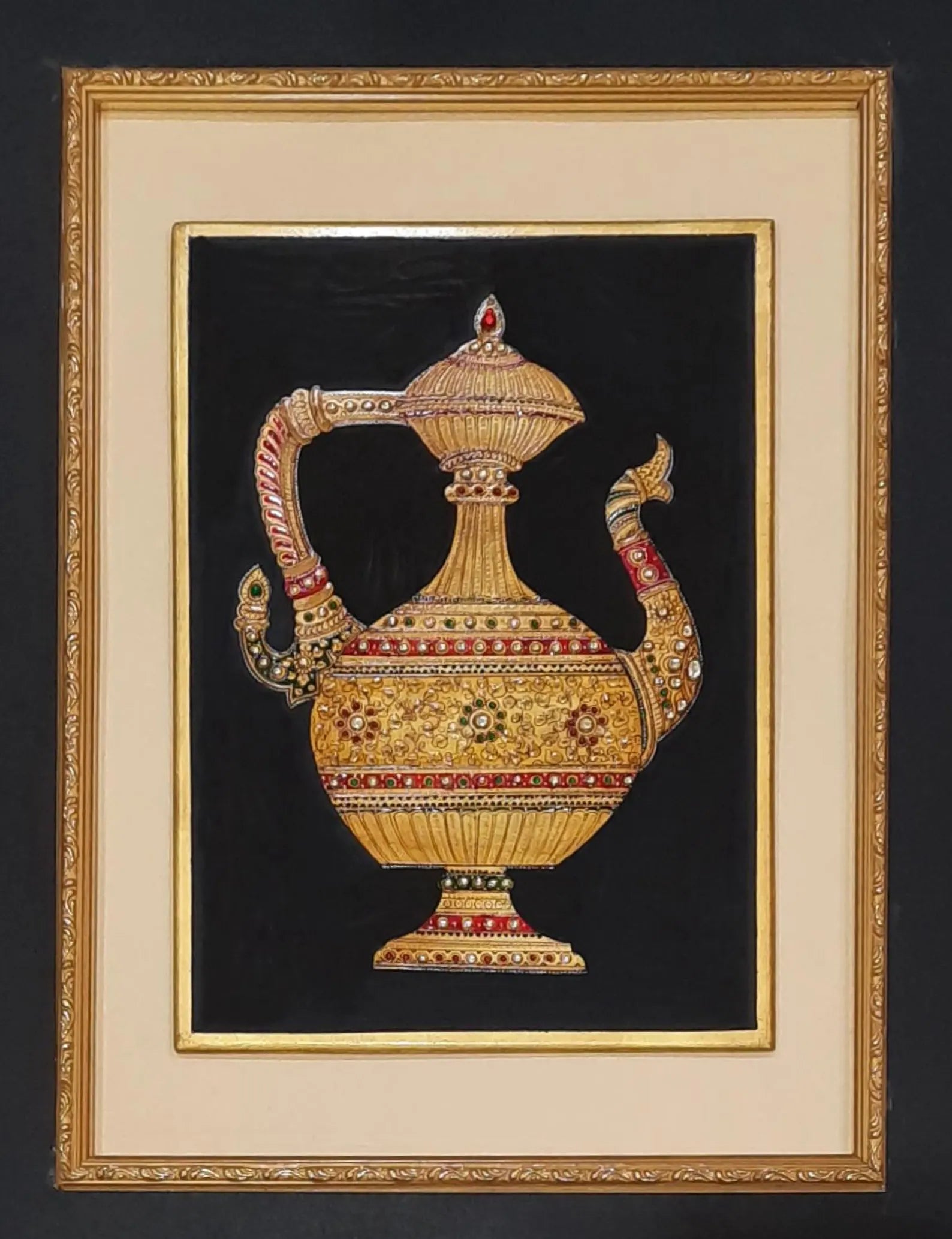 Indian miniature artwork on marble plate featuring a ceremonial vessel with gold accents