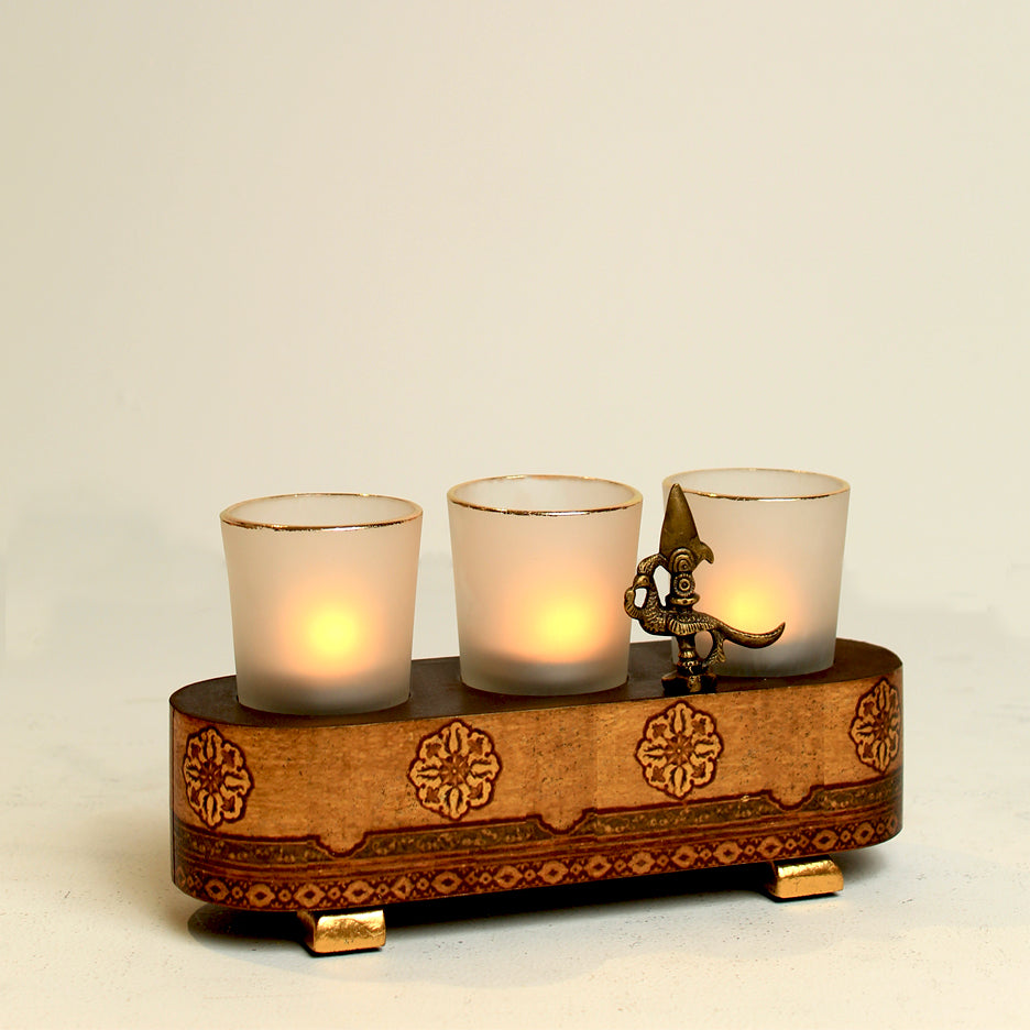 'Shikhi' Glass Votive Set of 3 in Glass, Wood and Brass