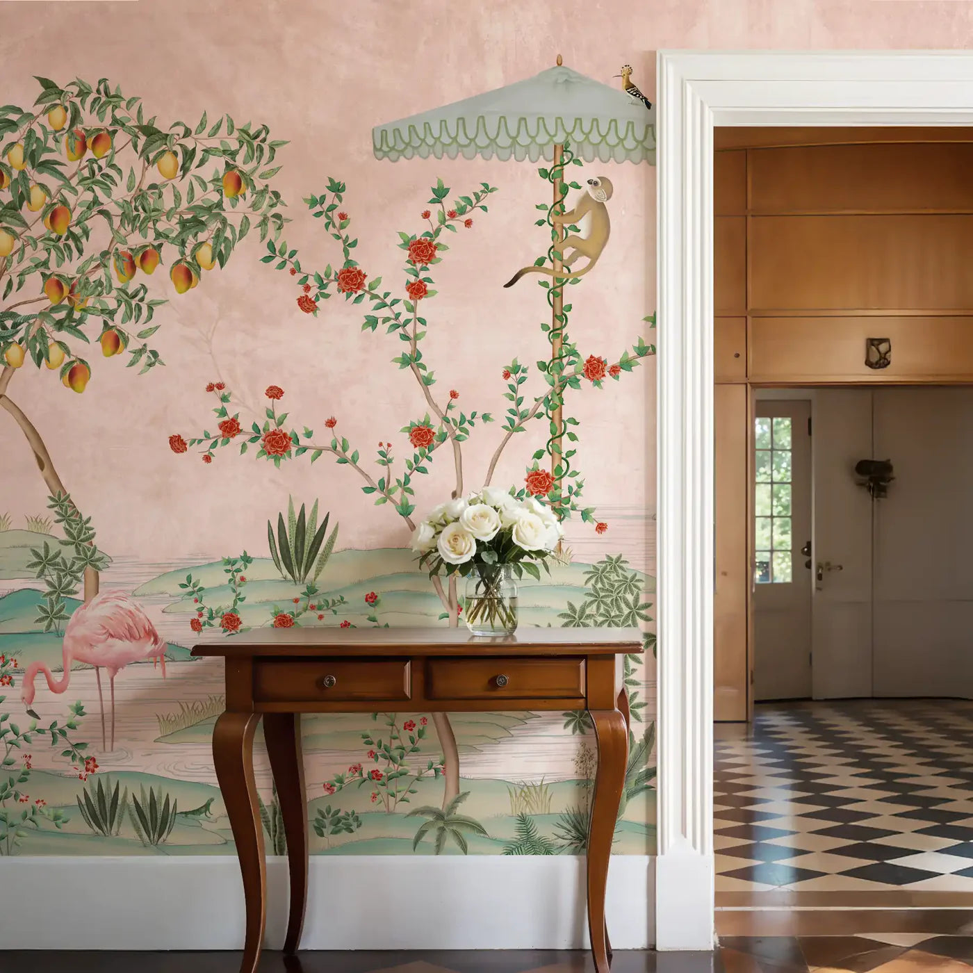 Chinoiserie Reverie wallpaper mural designed with expansive Gulbagh inspired artwork in pink hues for a romantic and elegant statement wall
