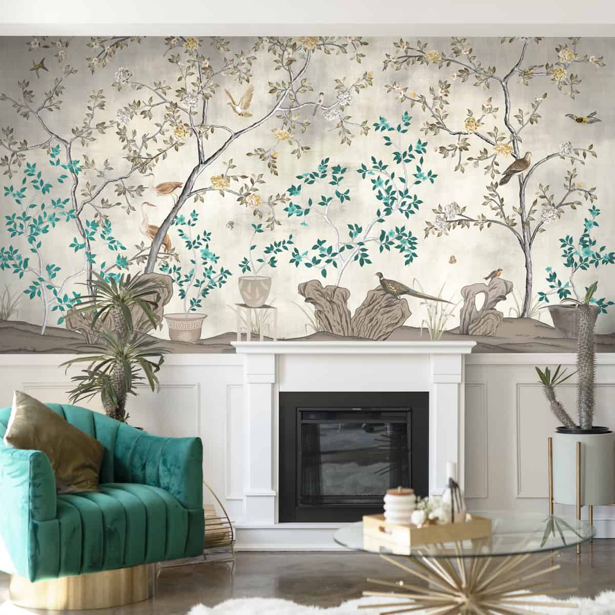 Chinoiserie wall mural styled as a luxury living room wallpaper, featuring hand-painted style florals and birds on a soft neutral backdrop.